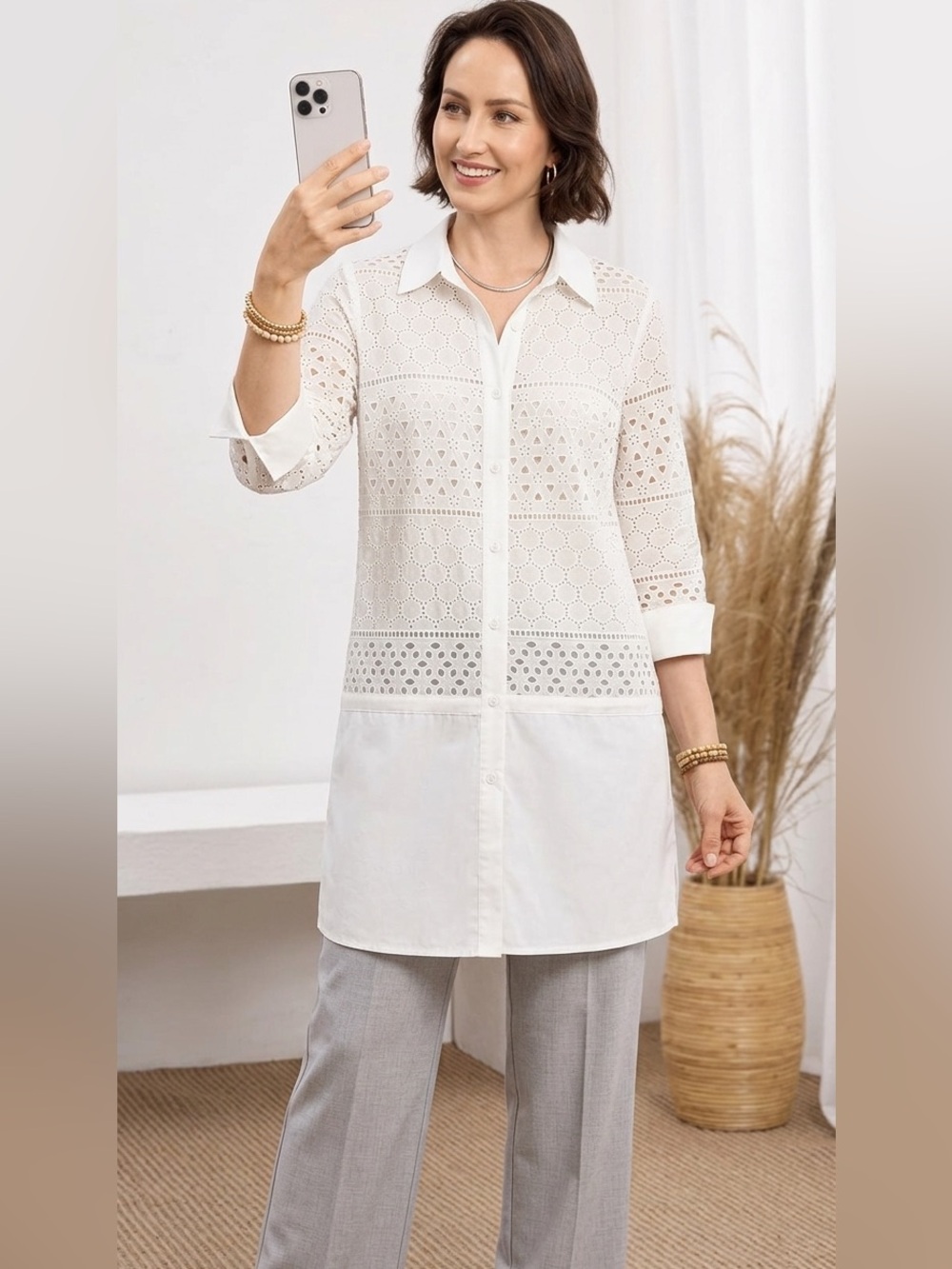 White Eyelet Button-Front Longline Tunic